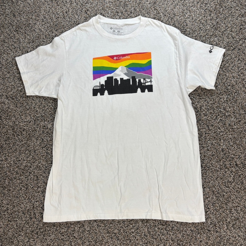 Columbia Men's Large White Portland Oregon Pride Rainbow Skyline Graphic T-Shirt